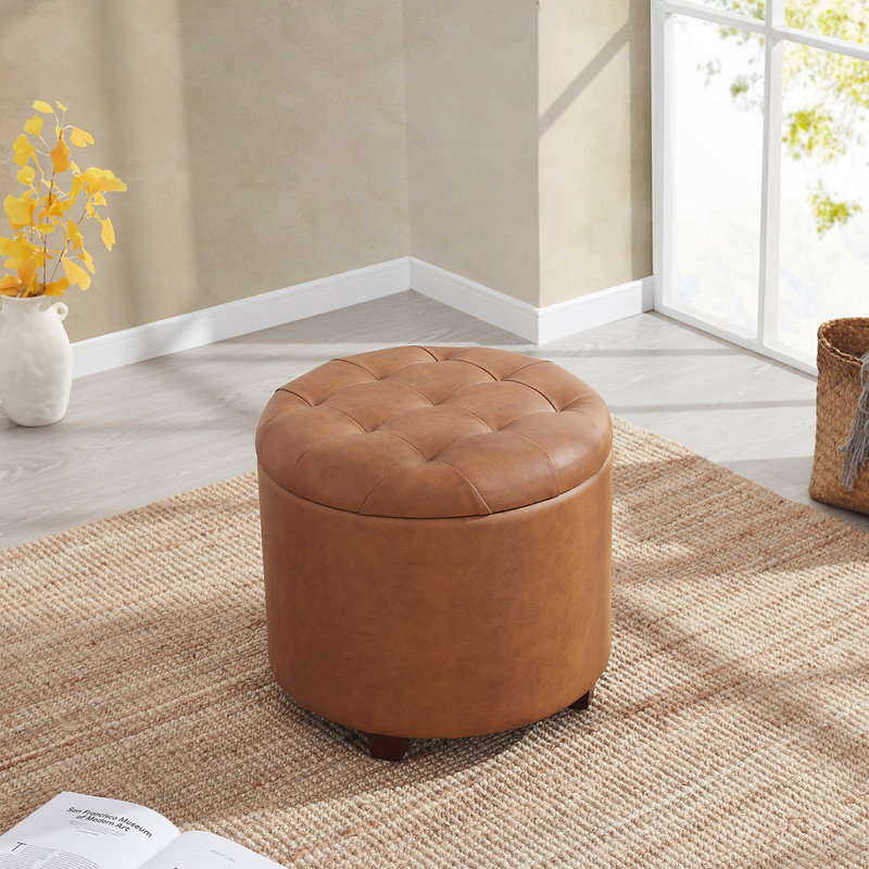 Crompton 18" Tufted Round Storage Ottoman, Cognac Faux Leather