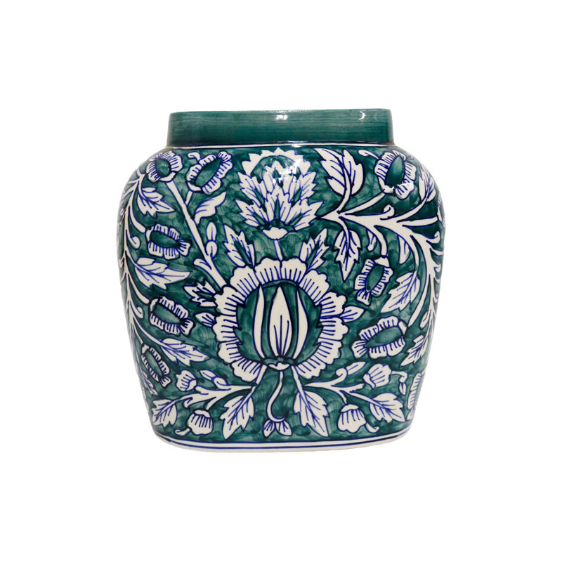 Home&Manor Ceramic Large Green Vase, 10.5" H x 9.5" W x 5" D, Green