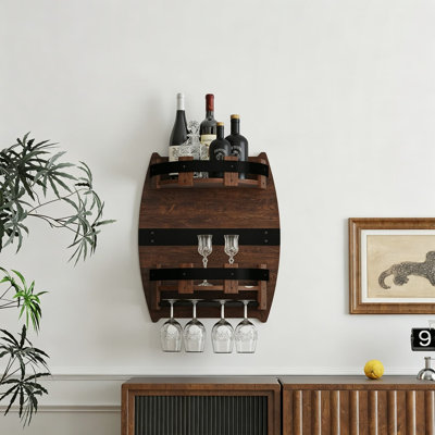 Handcrafted Vintage Whiskey Barrel Wall Rack - Rustic Wood Wine Bottle Display Shelf For Kitchen, Bar, Or Home Decor Storage