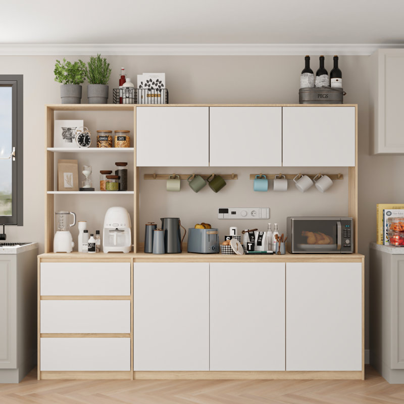 Très grande armoire de cuisine avec tablette à micro-ondes Spurgeon, Noyer/blanc