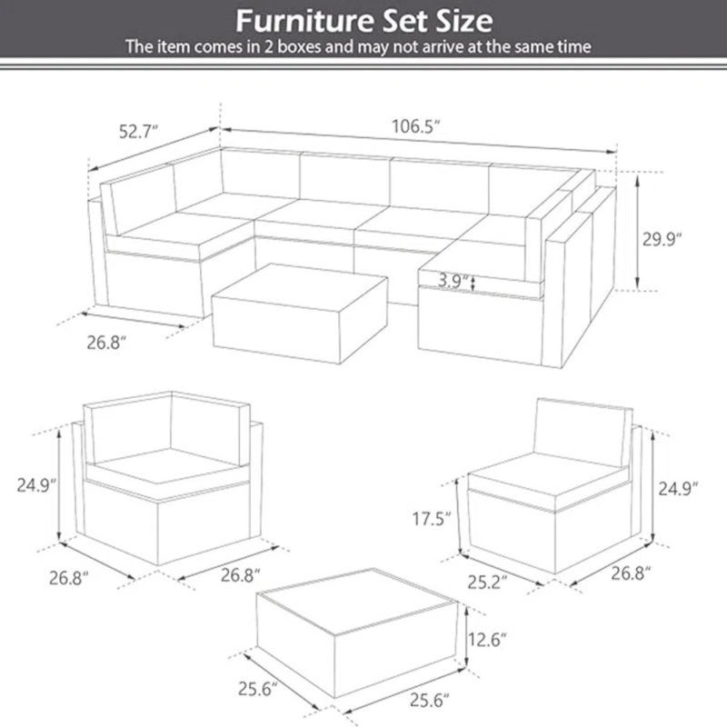 Ensemble de conversation modulaire en rotin 7 pièces avec foyer, Gris, Brun