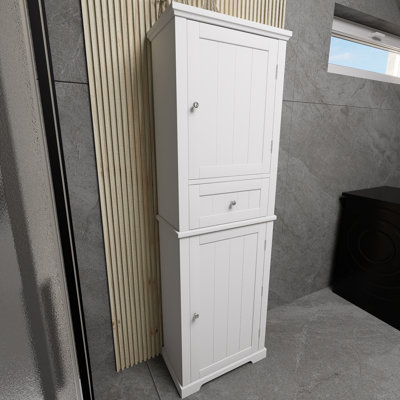 Grande armoire de rangement pour salle de bain, armoire de rangement autoportante avec tiroirs et tablettes réglables, panneau de fibres à densité moyenne avec finition peinte