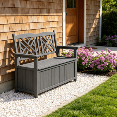 Banc de rangement extérieur en bois avec doublure imperméable amovible pour patio, gris