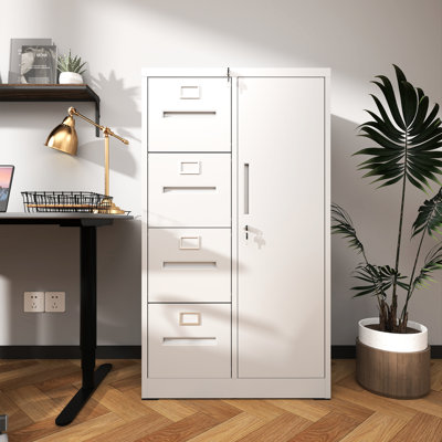 Armoire de rangement en métal blanc pour et bureau, 4 tiroirs avec suspension à extension complète, rails de suspension réglables pour dossiers A4 / f4, 1 porte verrouillable sécurisée, fonctionnement facile, assemblage spacieux et facile