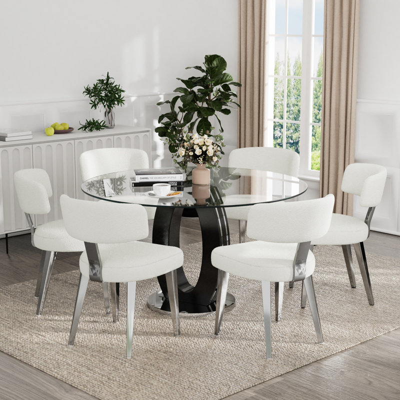 Pedestal Dining Set, 47'' Round Dining Table and Teddy Dining Chairs, 7, Silver/White, Black