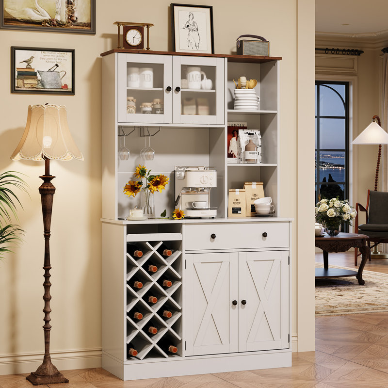 Armoire de cuisine 71 po avec rangement, plateau en noyer clair et blanc, portes doubles en acrylique, Blanc