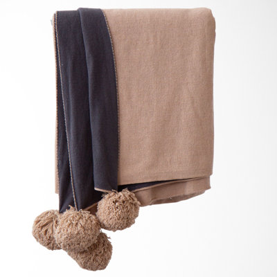 Dakota Knit Throw Blanket – Reversible Cotton, Decorative Pom Poms, 50x60 – Cool Coastal Hue
