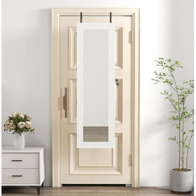 Solid Wood Jewelry Armoire Organizer Cabinet With Full-Length Mirror, 47.5X14.3 In Wall-Mounted Lockable With LED Light