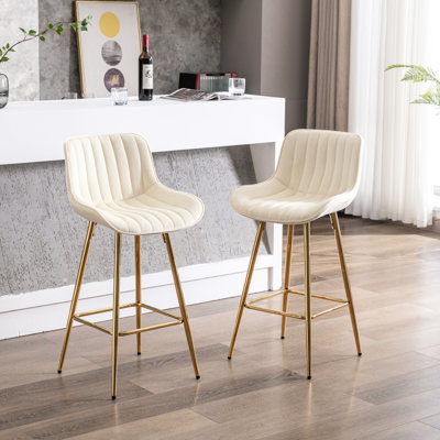 26 Inch Of 2 Bar Furnitures, Cream Velvet Fabric Counter Stool With Golden Leg, Stools, Inch, Leg And Footrest, Beige Colored