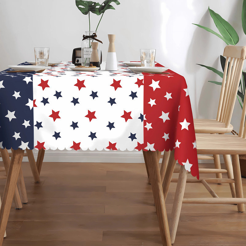 4th of July ndependence Day Polyester Tablecloth, 86.6" L x 0.02" W, Blue/Red/White Starburst