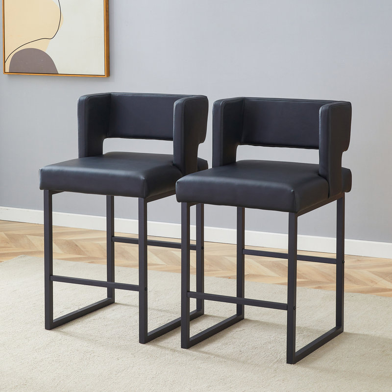 Faux Leather Upholstered Counter Bar Stool (Set of 2), Black, Black