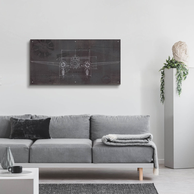 «Plane Blueprint 4 Wings» par Marco Fabiano, art mural en verre acrylique, H 24 po x l 48 po