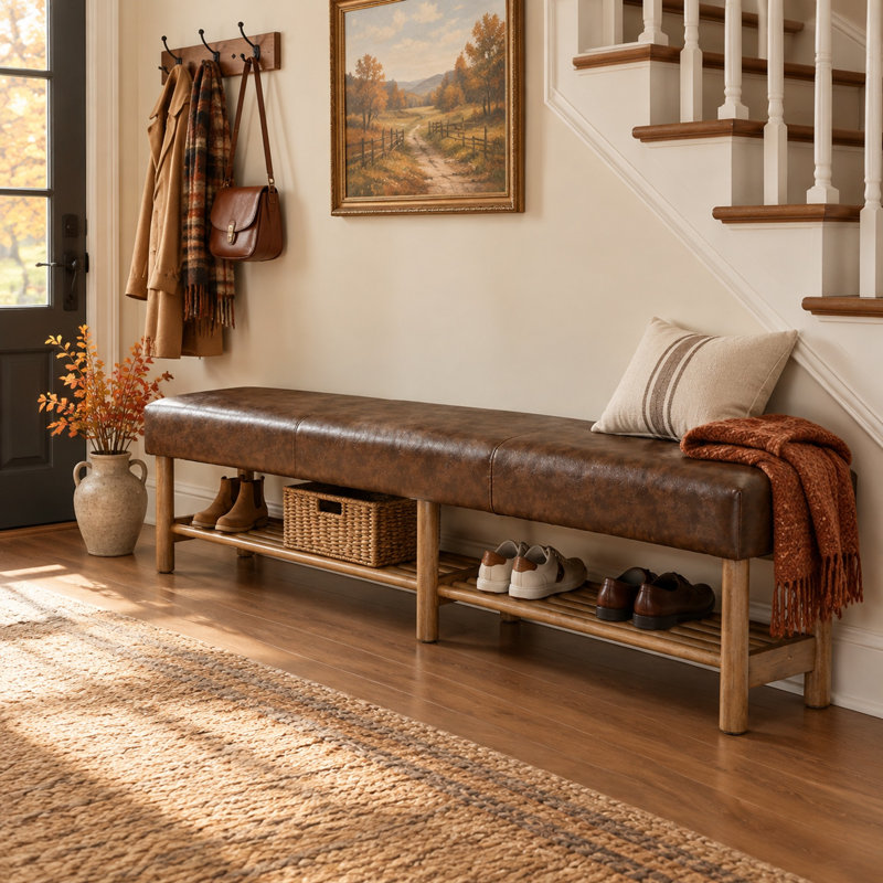 Faux Leather Upholstered Bench with Shelves