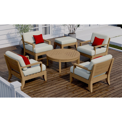 Teakstation 6 Pc Teak Wood Lounge Chair Set: 4 Lounge Chairs, Ottoman & Round Coffee Table With Cushions In Outdoor Sunbrella Fabric #5404 Canvas Natural