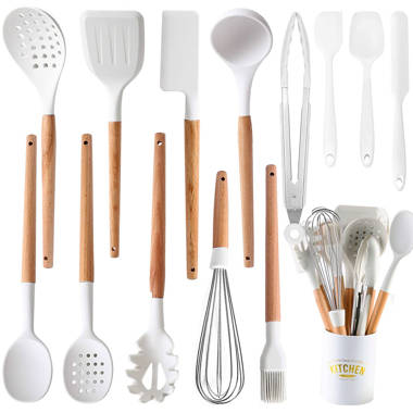 14pcs Wooden-handle Silicone Kitchenware Set, Non-stick Cookware