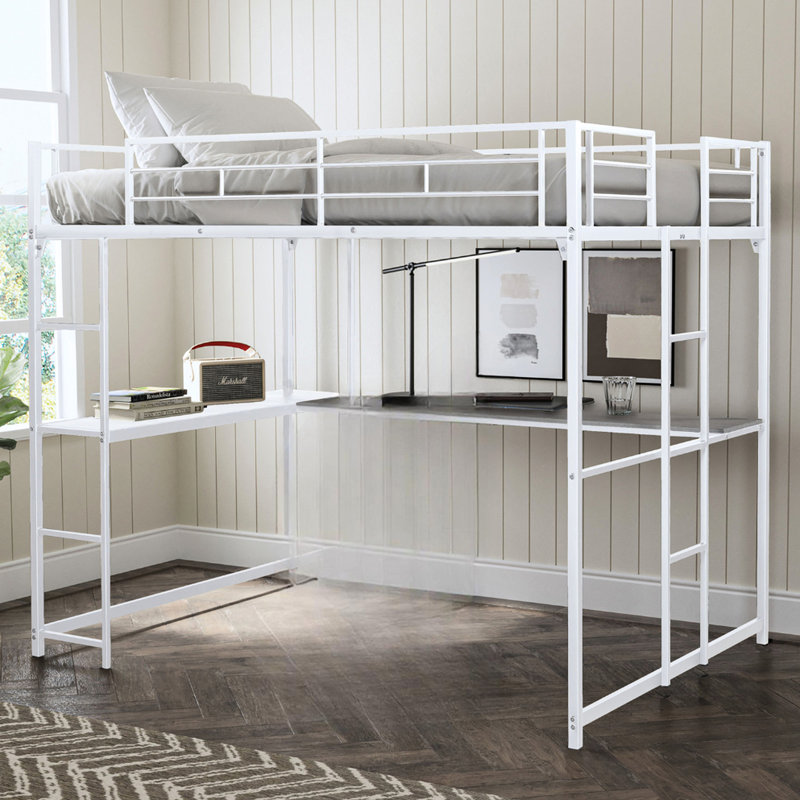 Lit mezzanine double en métal blanc contemporain avec deux échelles et bureau fonctionnel en dessous, conception facile à assembler, zone d'étude simple