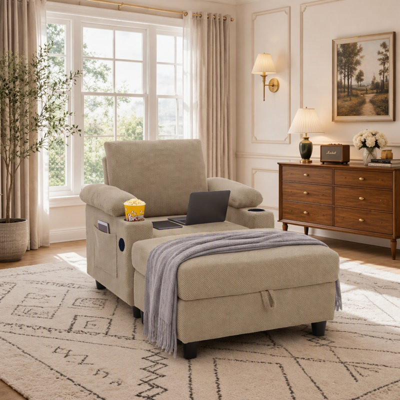 Ensemble de fauteuil d'appoint et repose-pieds avec rangement, méridienne convertible simple avec dossier inclinable, porte-gobelets et ports USB-C