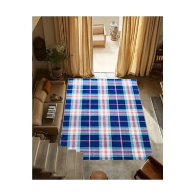 Tapis bleu lavable décoratif à motif géométrique bleu
