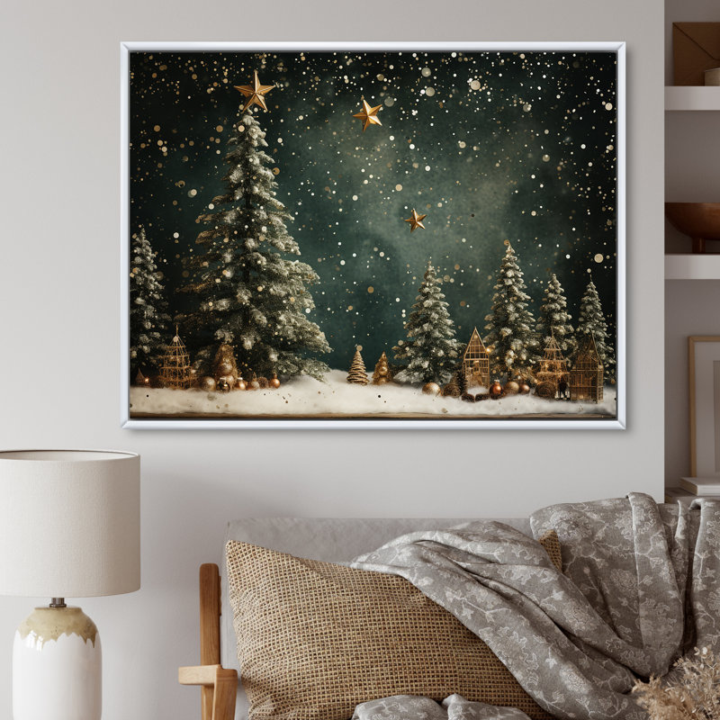 Décoration de sapin vert de Noël - Art mural sur toile de pin, H 34 po x l 44 po, Blanc, Reproduction avec cadre flottant