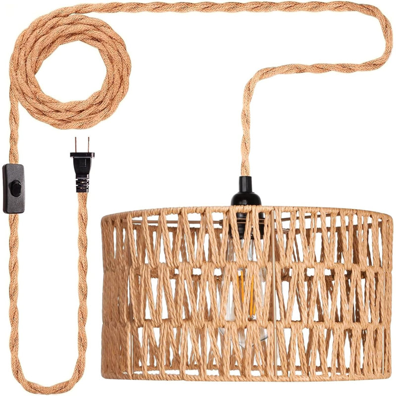 Natural Rattan and Metal Plug-In Pendant Light with Cylindrical Shade
