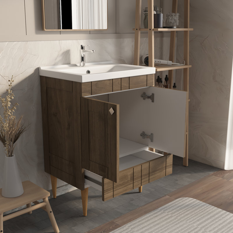 Meuble-lavabo avec lavabo en céramique Sara, Noyer, 25"