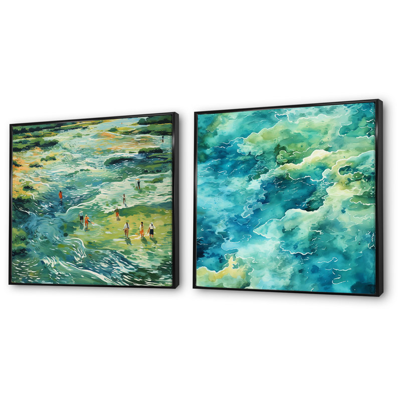 «Green Peaceful Tide Pools I - Coastal Minimalisme», ensemble de 2 reproductions d'art mural, Cadre flottant noir