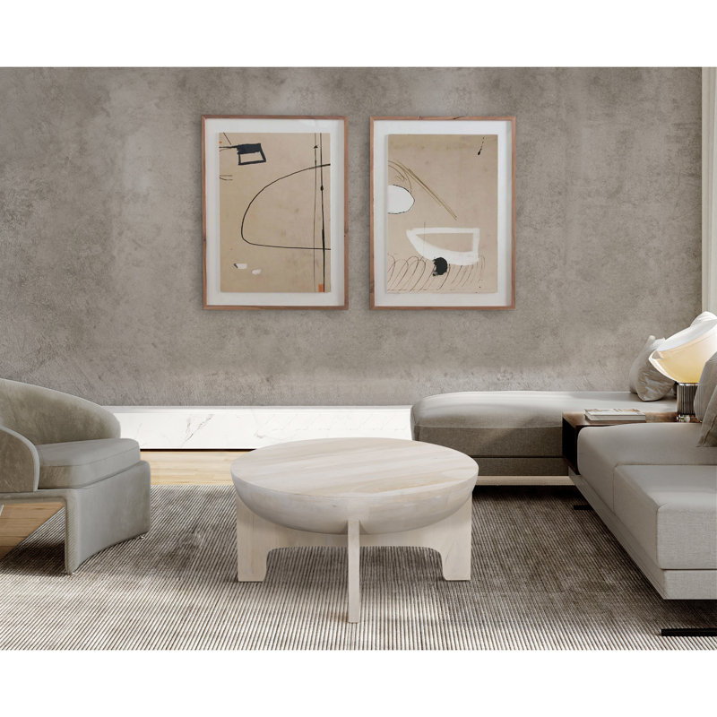 Table basse Balais 32 po, plateau tambour en bois de manguier, blanc délavé classique