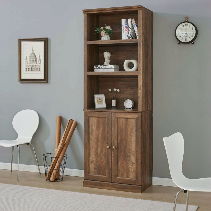 1 Doors Bookshelf With USB Port And 3 Open Shelves Bookcase Side Cabinet Storage Shelves, Rustic, Brown