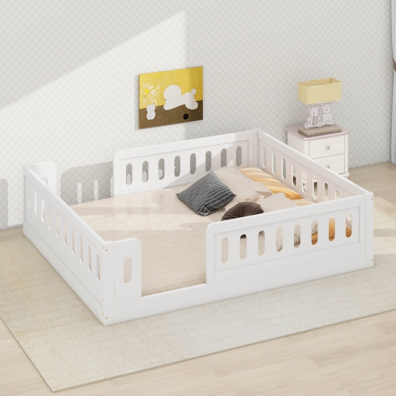 Lit plateforme double en bois avec garde-corps, Blanc