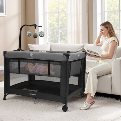 Parc pour bébé 2 en 1 avec berceau et bar à jouets, sac de voyage pliable