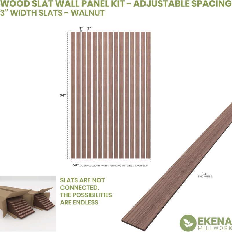 Adjustable Wood Slat Wall Panel Kit, 3"W x 94"H x 0.25"T, Walnut