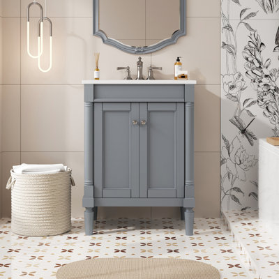 Meuble-lavabo de 24 po de style rétro, grand espace de rangement, cadre en bois massif en céramique brillante, planches, charnières à fermeture douce