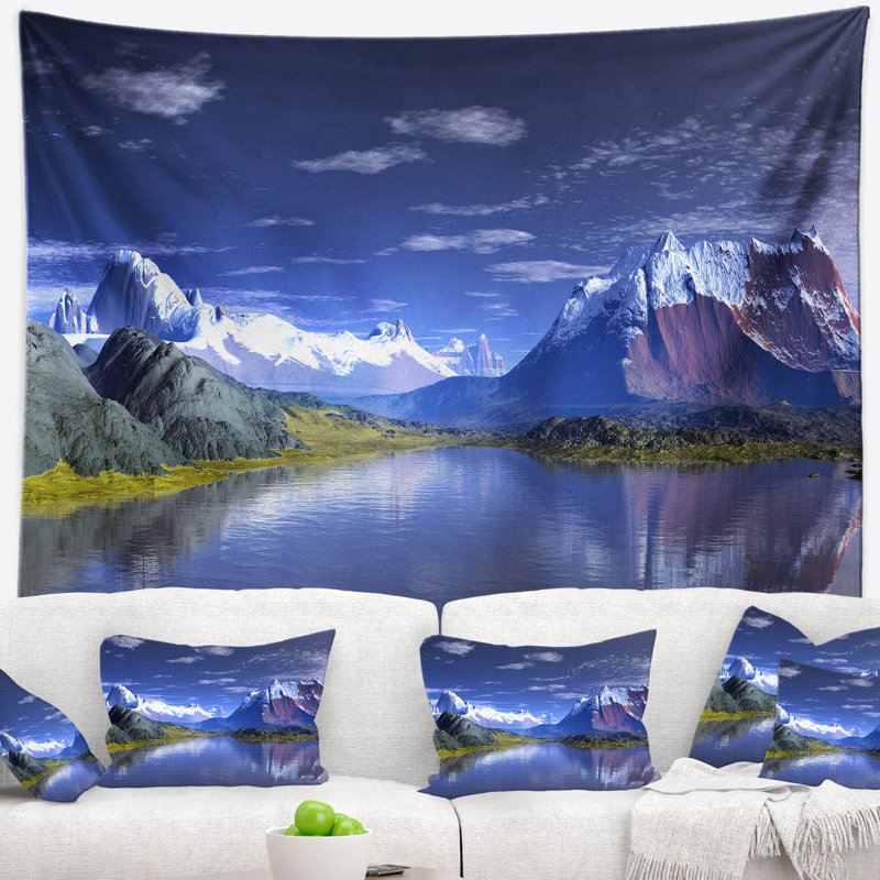 Paysage avec montagnes en 3D et tapisserie lacustre, H 78 po x l 92 po