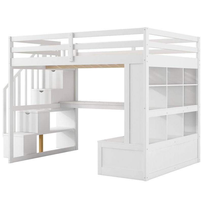 Lit mezzanine avec bureau, tablettes, 2 tiroirs spacieux et escalier de rangement sécuritaire - Blanc