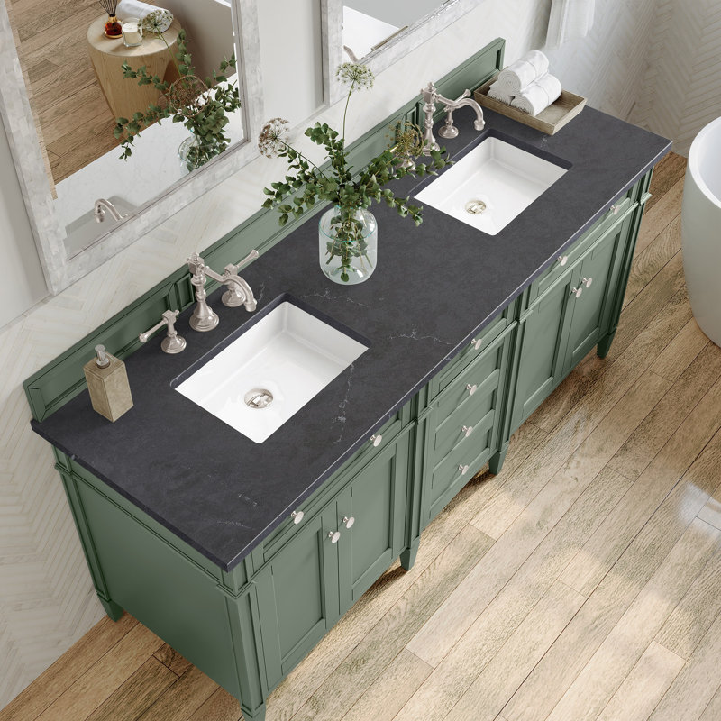 Brittany 72" W Double Vanity, Smokey Celadon, Charcoal Soapstone, 8" Widespread