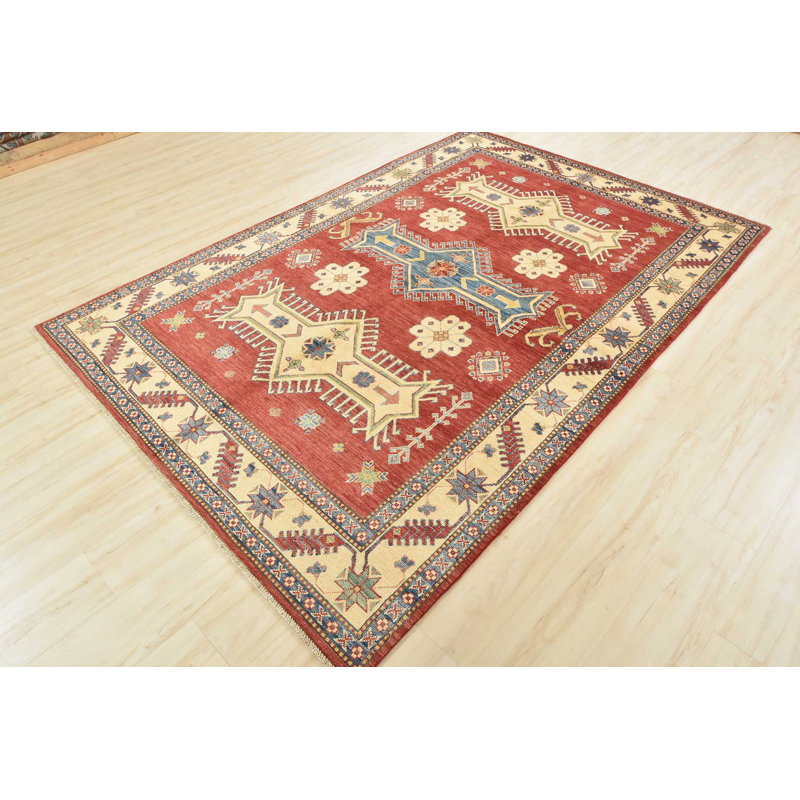 Tapis rouge en laine noué à la main de conception unique 6 pi x 8 pi 10 po Gafita