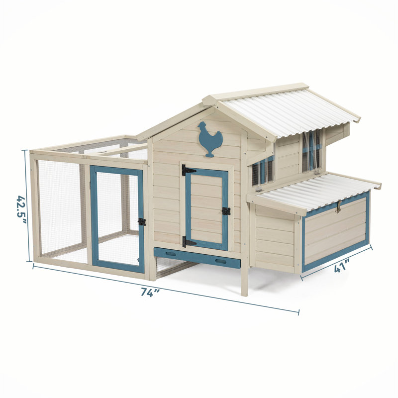 Large Beige and Blue Solid Wood Chicken Coop with Removable Bottom