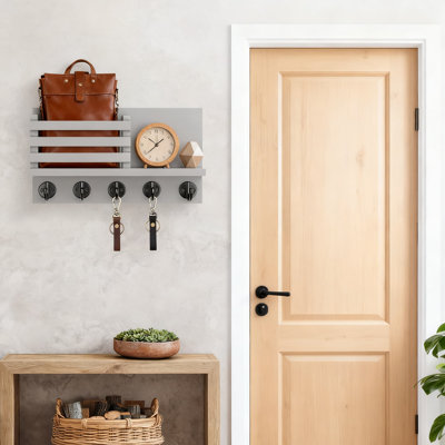 Porte-clés mural avec tablette, boîte aux lettres décorative en bois et porte-clés avec 5 crochets robustes pour le rangement du vestibule
