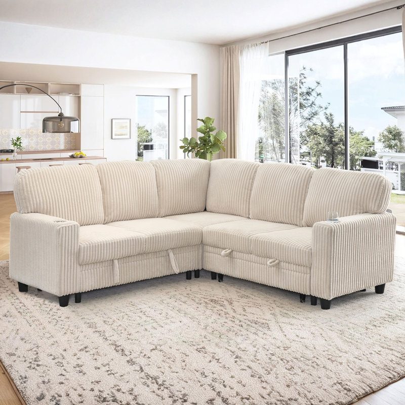 L-Shaped Sectional Sofa Bed With Pull-Out Bed & Storage, 5-Seat Sleeper Couch With USB Charging, Convertible Design For Living Room, Apartment, Corduroy Fabric