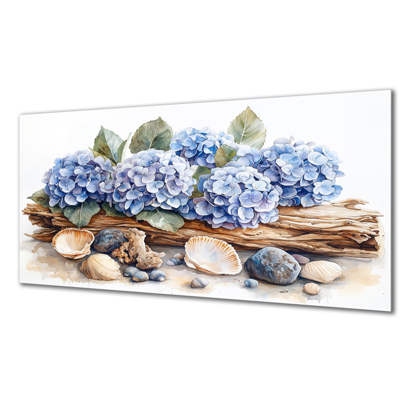 Hortensias et bois flottant - hydrangées, impression sur métal, H 28 po x l 60 po