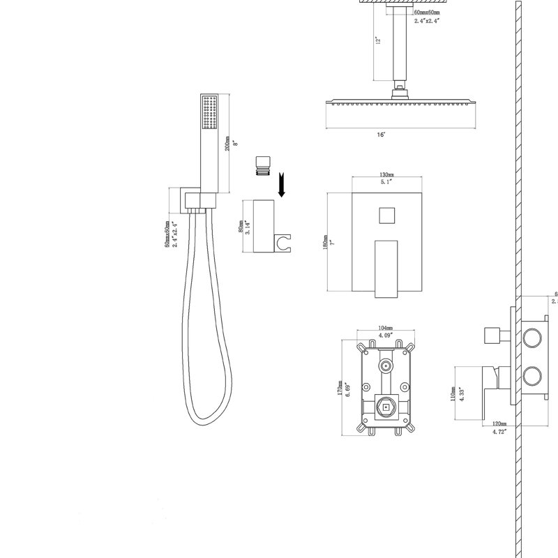 Système de douche carré de 16 pouces doré - double tête avec fonction d'installation facile au plafond et fonction de nettoyage