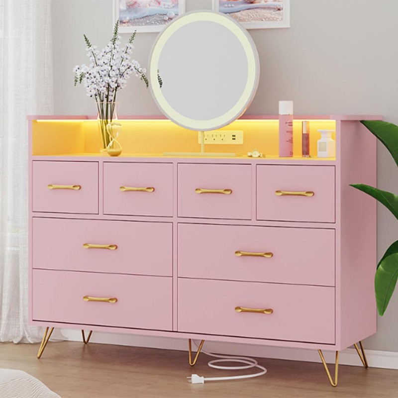Commode 8 tiroirs avec lumière DEL et station de charge, Doré, Rose