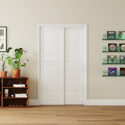 Sliding Closet Door - 5 Lite Solid Wood Design Prefinished Interior Sliding Door With Installation Hardware