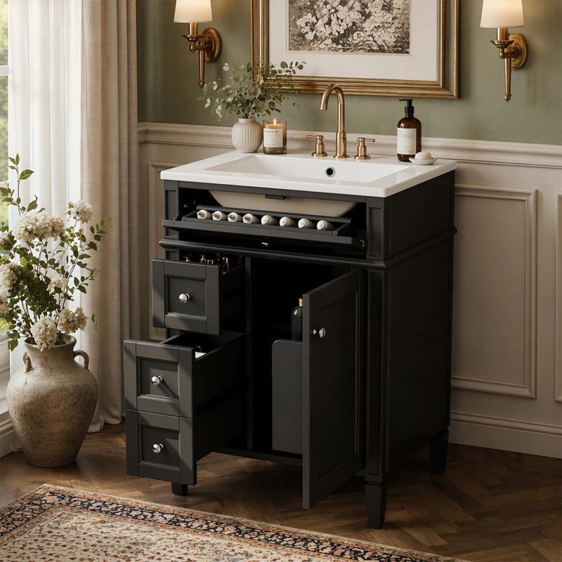 Meuble-lavabo moderne de 24 po avec lavabo supérieur, 2 tiroirs, tiroir basculant et armoire pour un rangement efficace