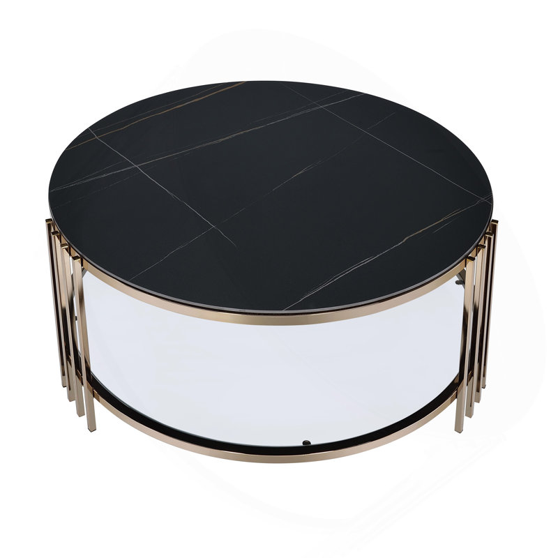Table basse, plateau en pierre frittée et finition champagne
