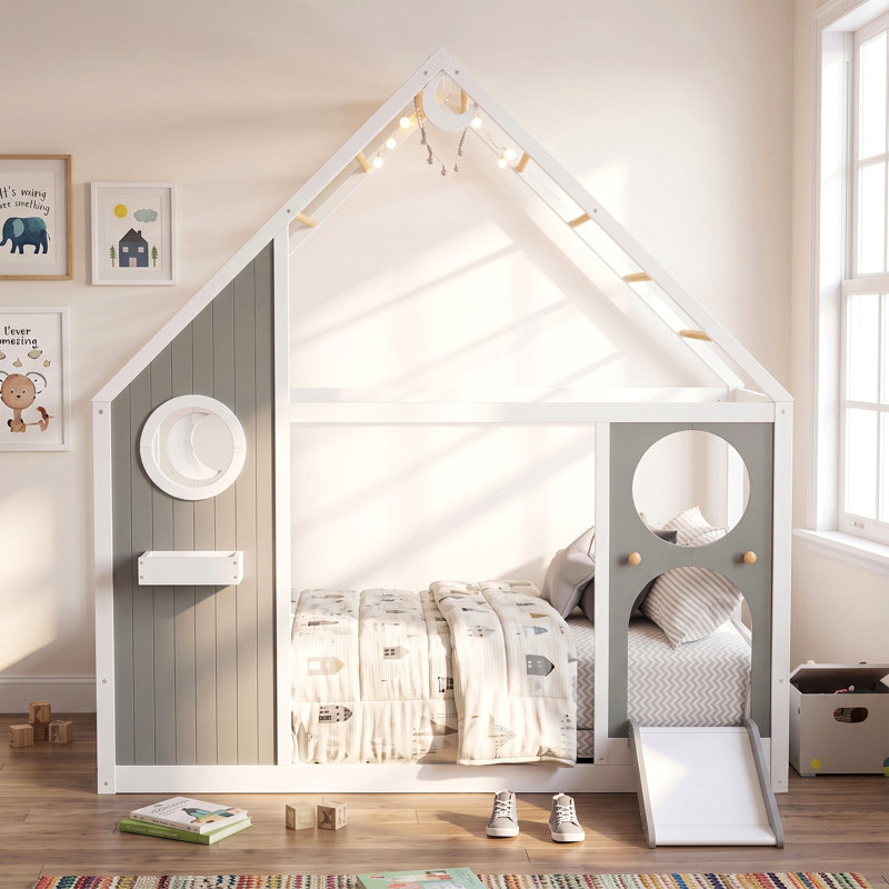 Lit simple avec glissade, bande lumineuse en forme de boule, lit plateforme en bois avec façade, panneau d'ameublement amusant