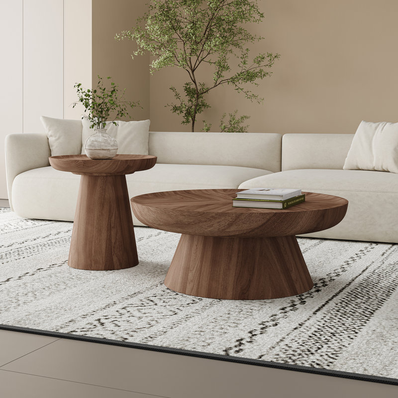 Ensemble de 2 tables basses rondes en noyer brun pour le salon, placage en bois massif, Brun