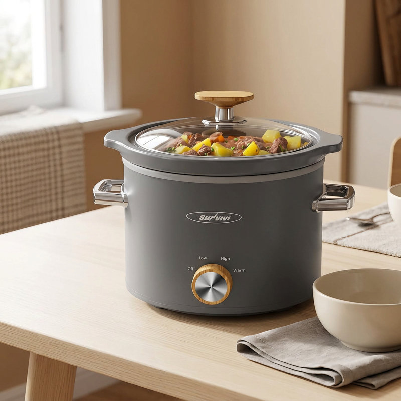Mijoteuse compacte de 2 litres avec cuve amovible en céramique, 3 niveaux de cuisson et couvercle en verre compatible lave-vaisselle.