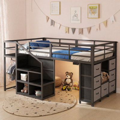 Twin Metal Low Loft Bed for Kids with Storage Stairs, 7 Fabric Drawers, Open Cubbies & Clothes Rail, RGB LED Light with Remote Control, Space-Saving Kids Bed with Safety Guardrail for Boys & Girls Bedroom