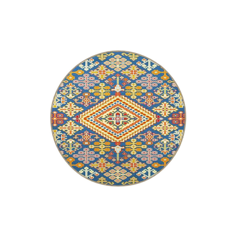 Tapis tissé à motif géométrique bleu clair lavable à la machine, Sous-tapis rond 3 pi 3 po inclus